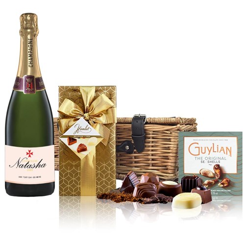 Personalised Champagne - Rose Label And Chocolates Hamper